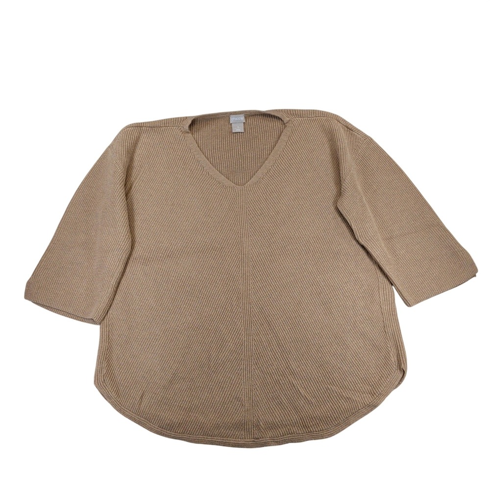 Chicos Tan Ribbed V-Neck Sweater Womens Size 3 XL Casual Cotton Blend Camel